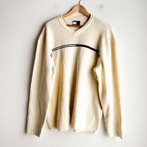 Tommy Hilfiger Ivory Graphic Logo Ribbed V Neck Pullover XL